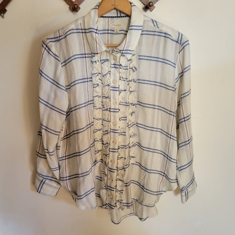 Pilcro Long Sleeve Button Down Cream Blue Viscose Wool XS Petite